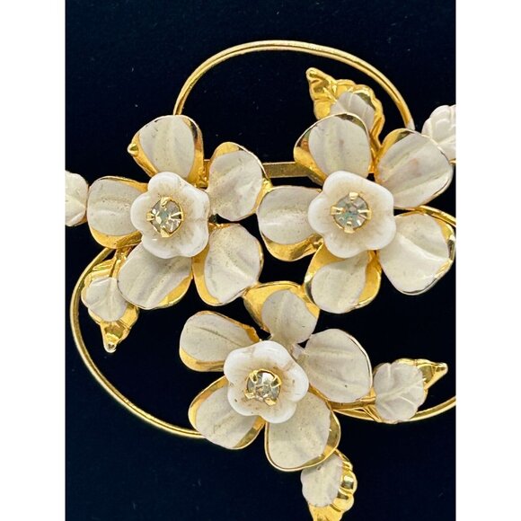 Enamel Flower Brooch White On Gold tone Crystal Centers Made in Austria Vintage - Picture 3 of 7